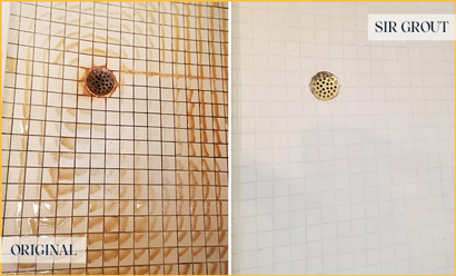 White Tile Shower With Heavy Rust Stains Before and Looking New After Sir Grout's Cleaning Service