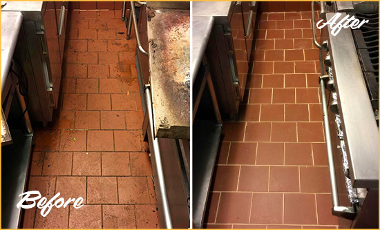 Before and After Picture of a Carmel Restaurant Kitchen Tile and Grout Cleaned to Eliminate Dirt and Grease Build-Up