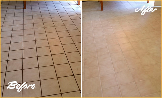 Before and After Picture of a Carmel Kitchen Tile and Grout Cleaned to Remove Embedded Dirt