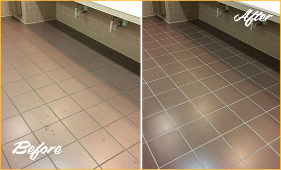 Before and After Picture of a Carmel Restrooms Tile and Grout Cleaned to Remove Embedded Dirt