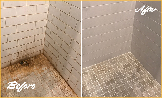 Before and After Picture of a Carmel Shower Tile and Grout Cleaned to Eliminate Mold and Stains