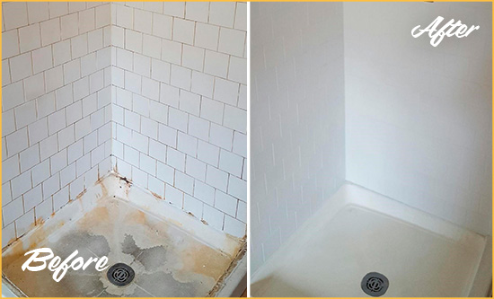 Before and After Picture of a Carmel Shower Tile and Grout Cleaned to Remove Soap Scum