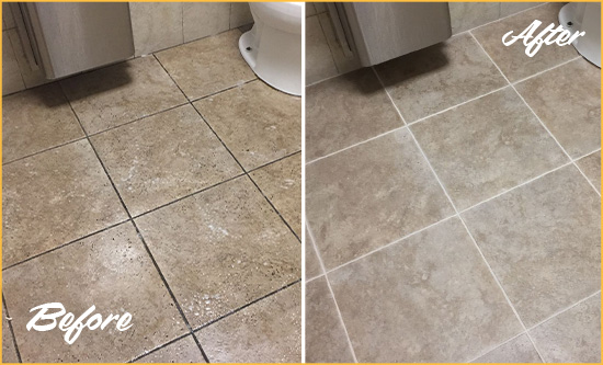 Before and After Picture of a Carmel Restroom Tile and Grout Cleaned to Remove Soil