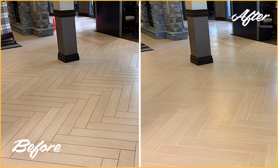 Before and After Picture of a Carmel Office Floor Tile and Grout Cleaned to Remove Stains