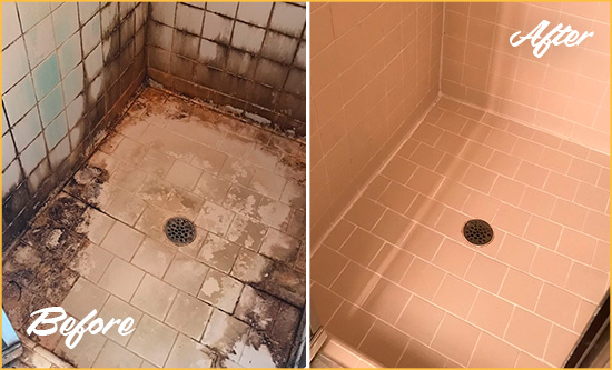 Before and After Picture of a Carmel Shower Tile and Grout Cleaned to Repair Water Damage