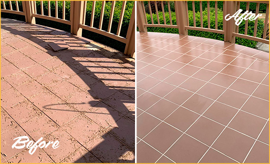 Before and After Picture of a Westfield Hard Surface Restoration Service on a Tiled Deck