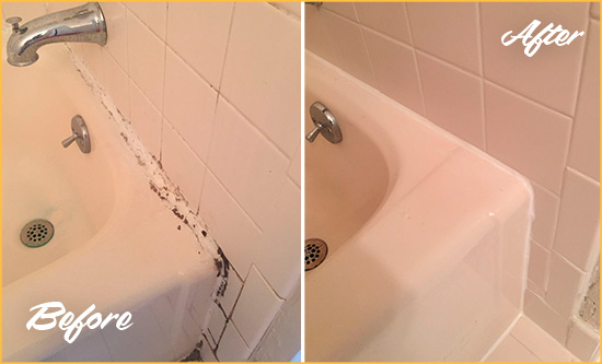 Before and After Picture of a Westfield Hard Surface Restoration Service on a Tile Shower to Repair Damaged Caulking