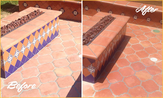 Before and After Picture of a Westfield Hard Surface Restoration Service on a Dull Terracotta Patio Floor to Recover Its Color