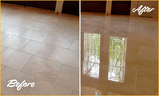 Before and After Picture of a Westfield Hard Surface Restoration Service on a Dull Travertine Floor Polished to Recover Its Splendor